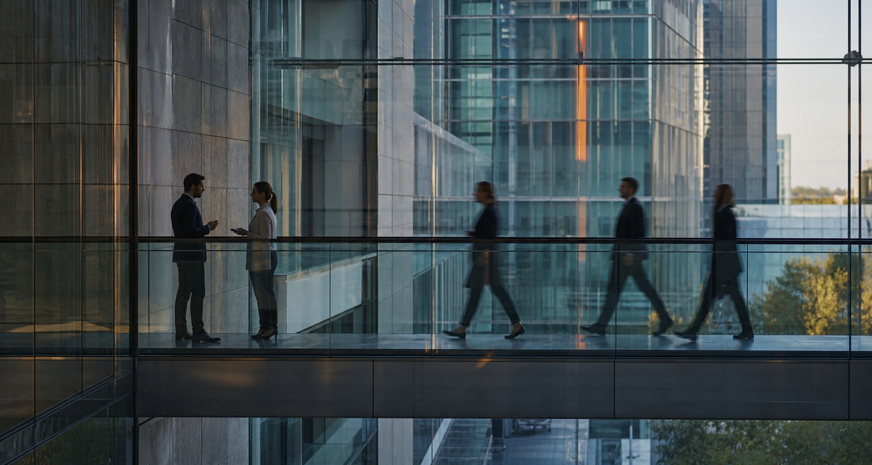 People moving through a glass business passage